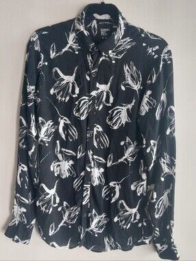 Cuidado El Con Perro Black & White Abstract Print Long Sleeve Button Front Shirt